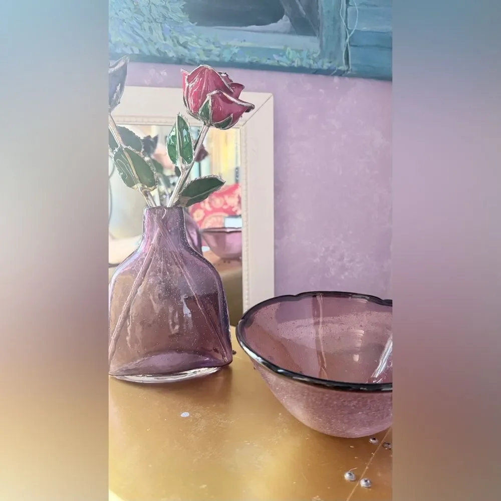 Purple Glass Vase and Bowl Set